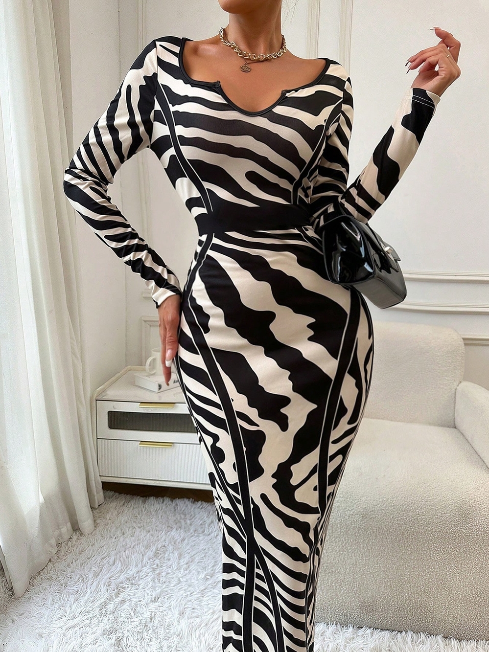 Zebra-Print Long Sleeve Bodycon Dress in Black and White